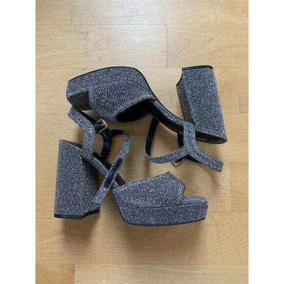 Abound "Lucia" Block Heel Platform Sandals Silver Glitter Ankle Strap - Picture 3 of 7